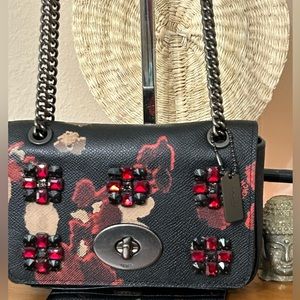 COACH Jewel Embellished Leather Floral Print Mini Convertible Crossbody Bag